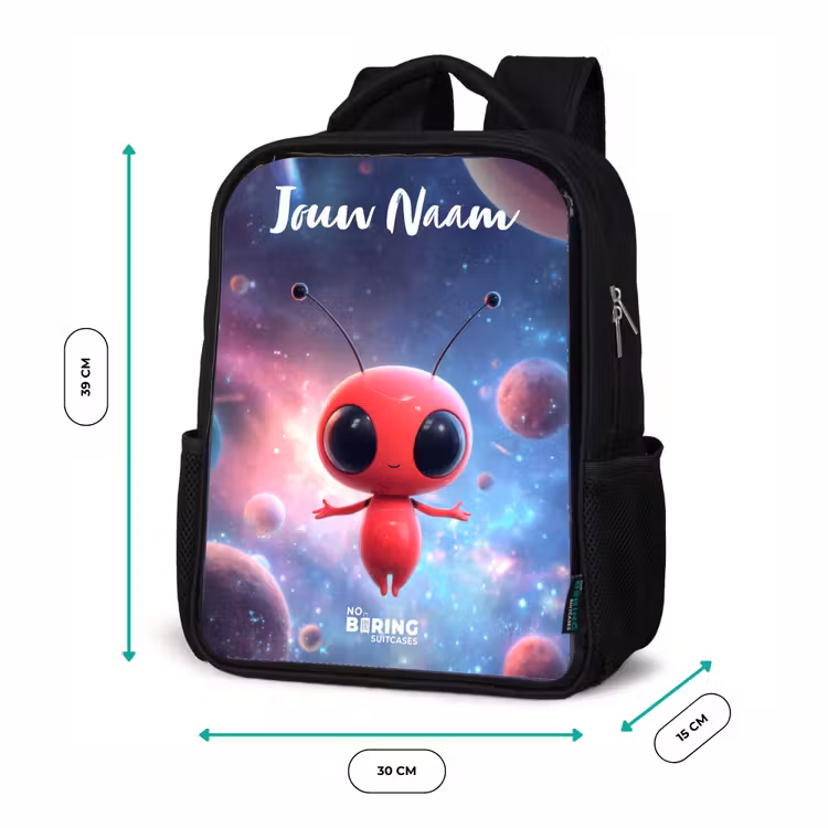 Kinderrugzak met naam - Zwart - Rood Ruimtewezen in Kosmische Dans — 5