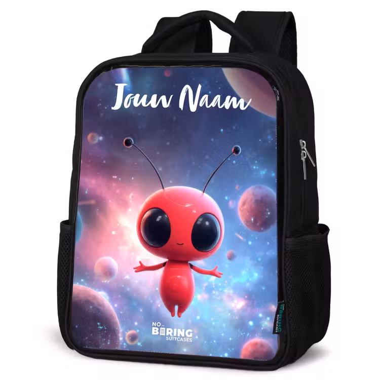 Kinderrugzak met naam - Zwart - Rood Ruimtewezen in Kosmische Dans — 7
