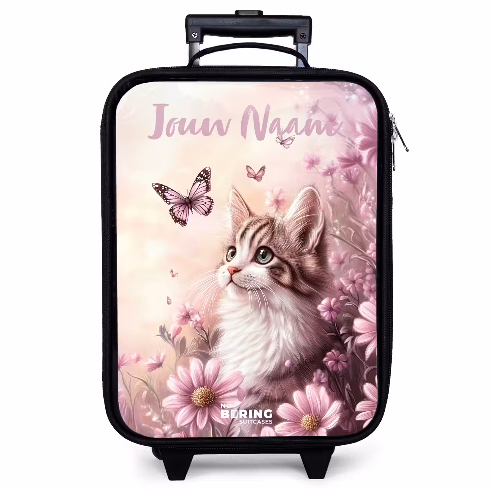 Kinderkoffer met naam - Zwart - Kitten - Vlinders - Paars - Bloemen — 1