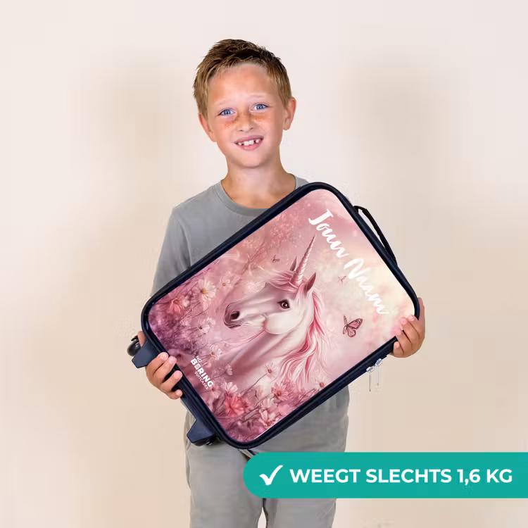 Kinderkoffer met naam - Zwart - Eenhoorn - Roze - Vlinder - Bloemen — 2