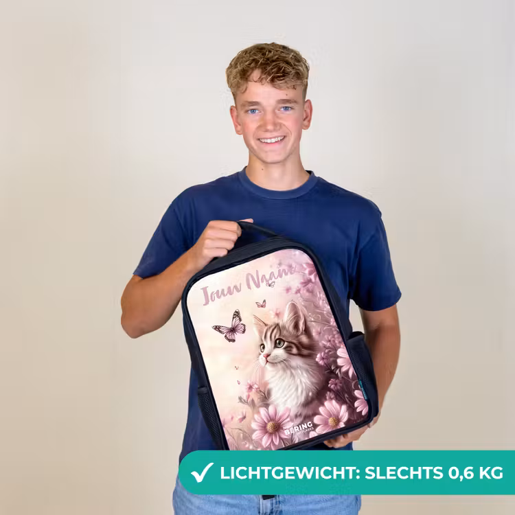 Kinderrugzak met naam - Zwart - Kitten - Vlinders - Paars - Bloemen — 3