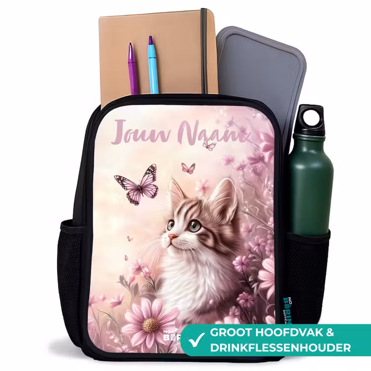 Kinderrugzak met naam - Zwart - Kitten - Vlinders - Paars - Bloemen — 4