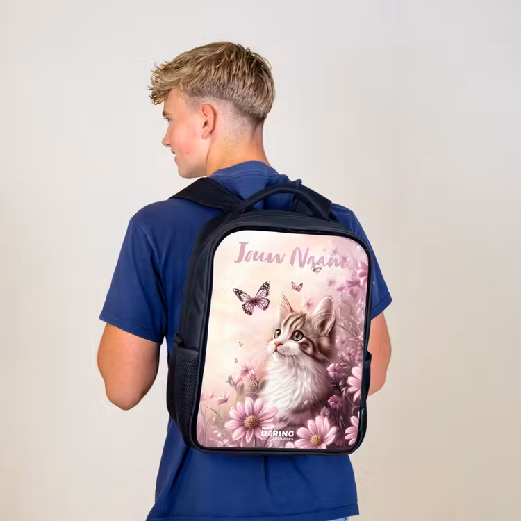 Kinderrugzak met naam - Zwart - Kitten - Vlinders - Paars - Bloemen — 6