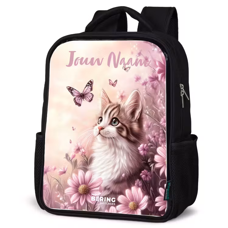 Kinderrugzak met naam - Zwart - Kitten - Vlinders - Paars - Bloemen — 7