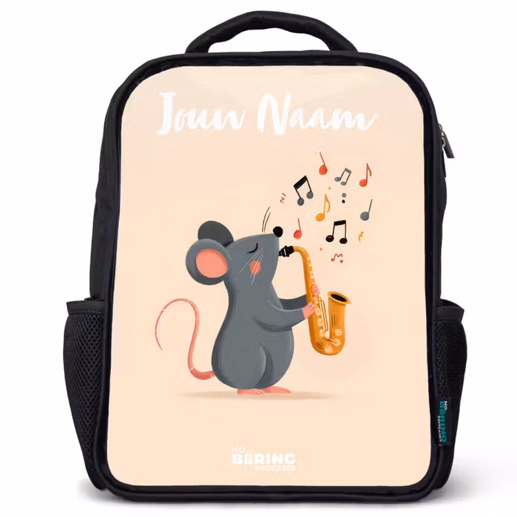 Kinderrugzak met naam - Zwart - Muis - Saxofoon - Muziek — 1