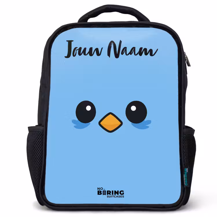 Kinderrugzak met naam - Zwart - Kawai - Vogel - Blauw — 1