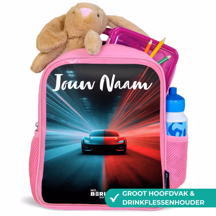 Kinderrugzak met naam - Roze - Sportauto - Blauw - Neon - Stad — 2