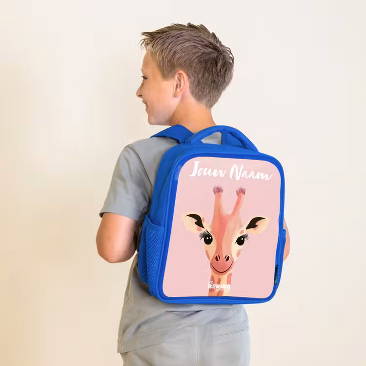 Kinderrugzak met naam - Blauw - Giraffe - Wimpers - Minimalistisch - Roze — 3