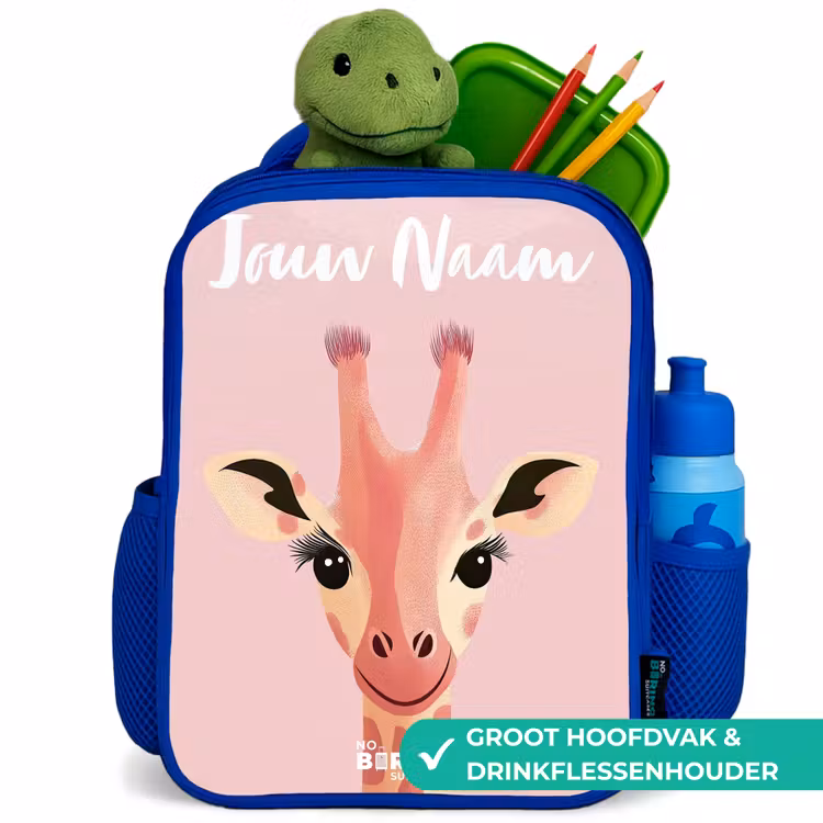 Kinderrugzak met naam - Blauw - Giraffe - Wimpers - Minimalistisch - Roze — 5