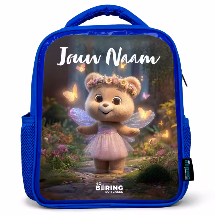 Kinderrugzak met naam - Blauw - Beer - Vlinders - Bos - Fairy — 1