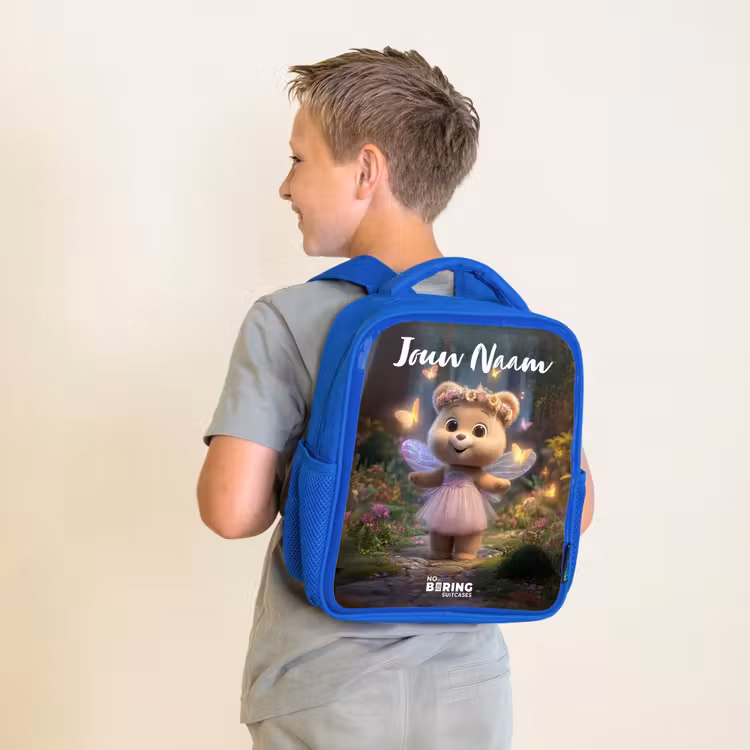 Kinderrugzak met naam - Blauw - Beer - Vlinders - Bos - Fairy — 3