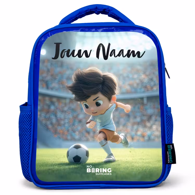 Kinderrugzak met naam - Blauw - Jongen - Voetbal - Stadion - Zonlicht — 1