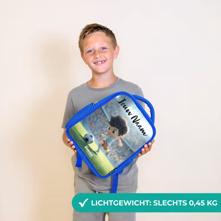 Kinderrugzak met naam - Blauw - Jongen - Voetbal - Stadion - Zonlicht — 2