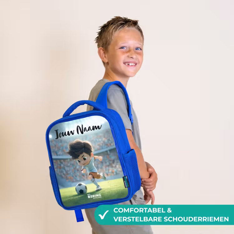 Kinderrugzak met naam - Blauw - Jongen - Voetbal - Stadion - Zonlicht — 4