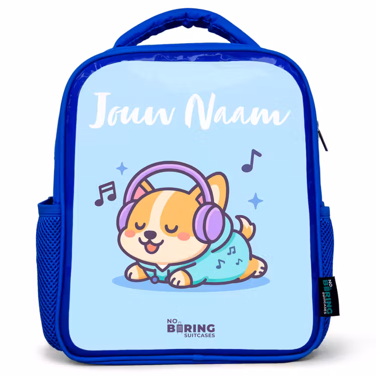 Kinderrugzak met naam - Blauw - Kawai - Hond - Muziek — 1
