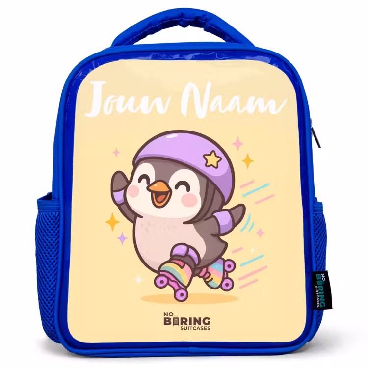 Kinderrugzak met naam - Blauw - Kawai - Pinguin - Rolschaatsen — 1