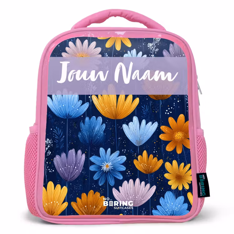 Kinderrugzak met naam - Roze - Bloemen - Patroon - Blauw — 1