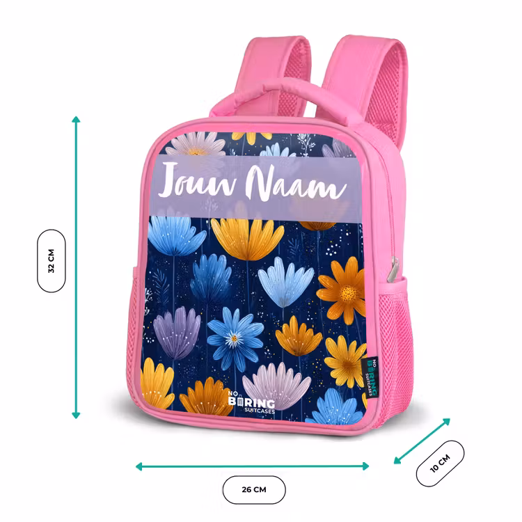 Kinderrugzak met naam - Roze - Bloemen - Patroon - Blauw — 3