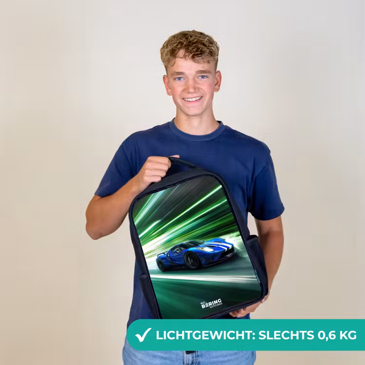 Kinderrugzak - Zwart - Blauwe raceauto met strepen in groene tunnel — 3
