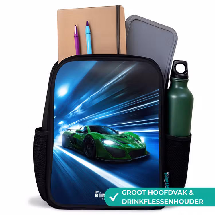 Kinderrugzak - Zwart - Groene supercar flitst door neonlicht — 4