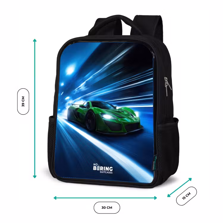 Kinderrugzak - Zwart - Groene supercar flitst door neonlicht — 5