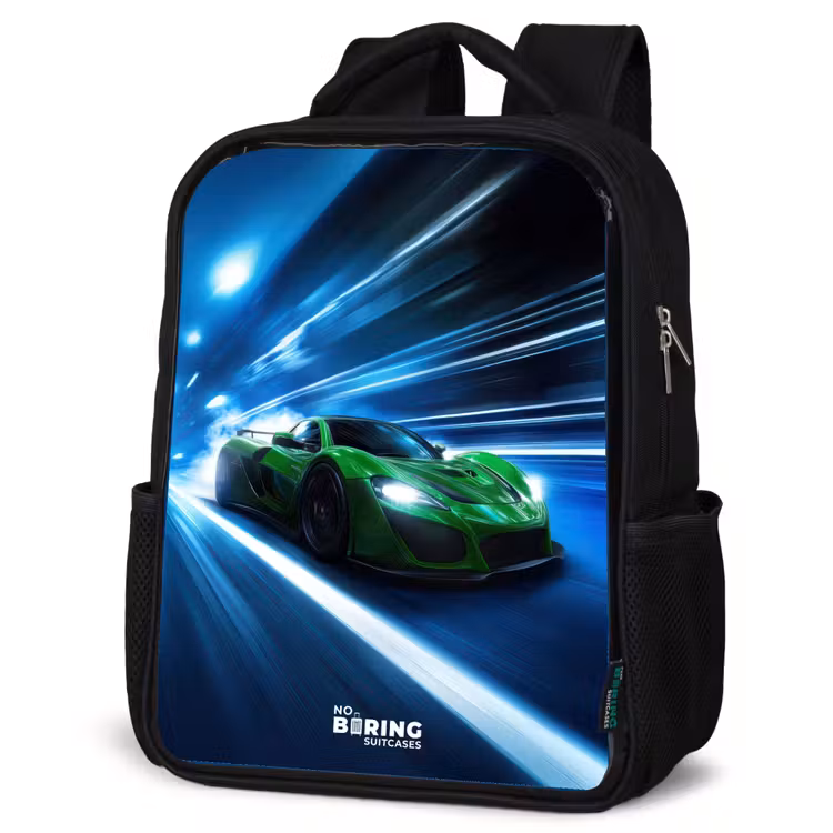 Kinderrugzak - Zwart - Groene supercar flitst door neonlicht — 7