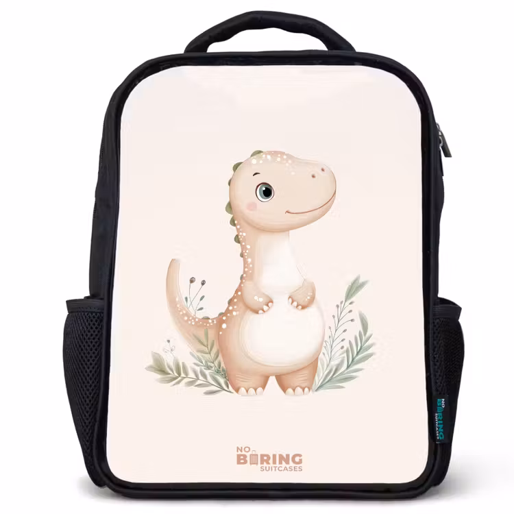Kinderrugzak - Zwart - Beige dinosaurus met groene blaadjes — 1