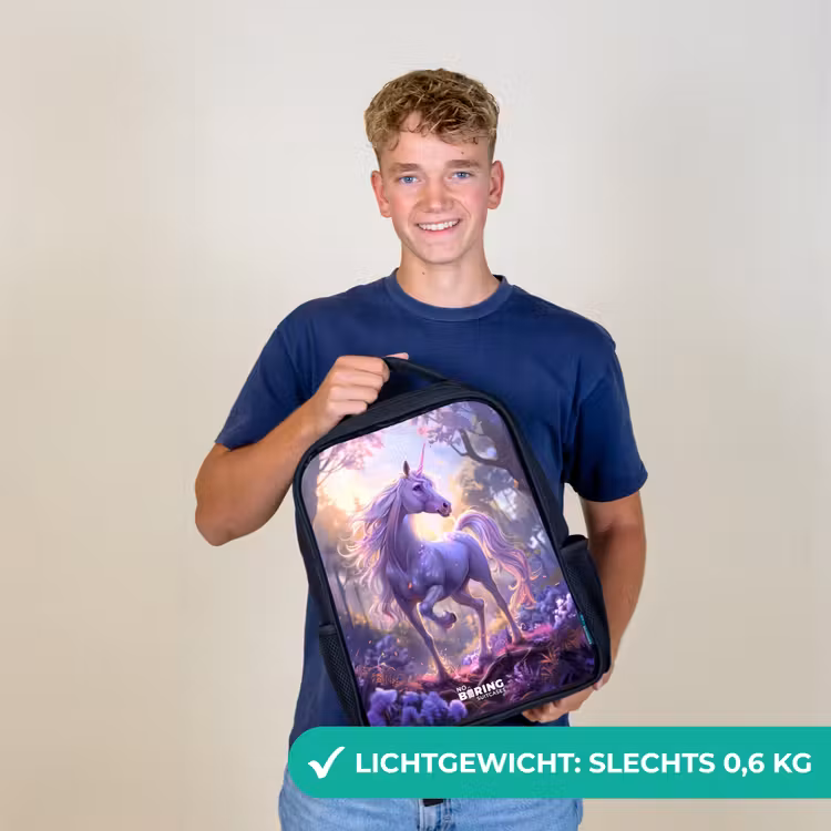 Kinderrugzak - Zwart - Portret van een Eenhoorn tussen Paarse Bloemen — 3