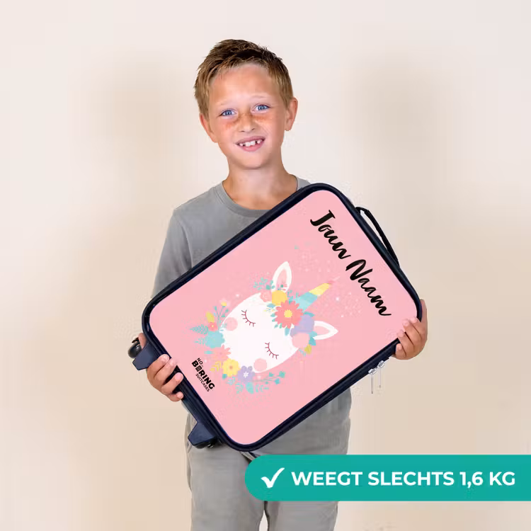 Kinderkoffer met naam - Zwart - Eenhoorn - Bloemen - Roze — 2