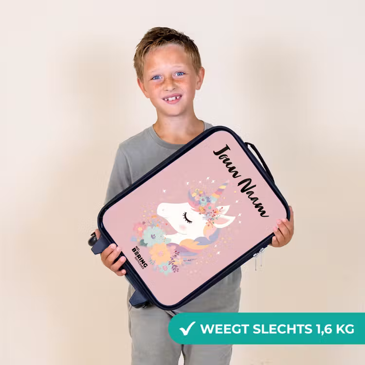 Kinderkoffer met naam - Zwart - Eenhoorn - Roze - Bloemen — 2