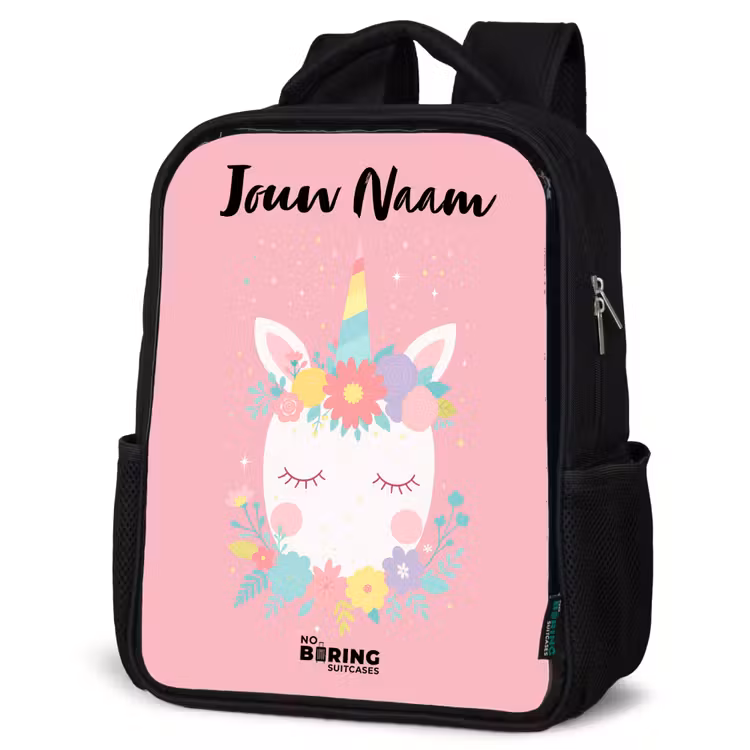 Kinderrugzak met naam - Zwart - Eenhoorn - Bloemen - Roze — 7