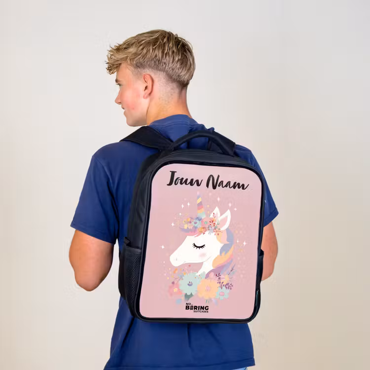 Kinderrugzak met naam - Zwart - Eenhoorn - Roze - Bloemen — 6