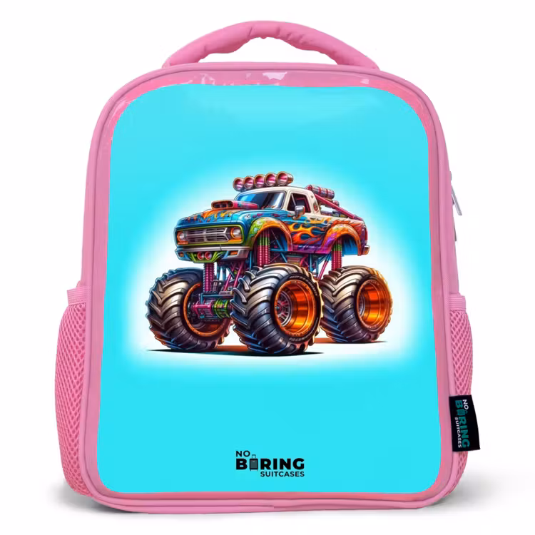 Kinderrugzak - Roze - Monstertruck op Lichtblauwe Achtergrond — 1