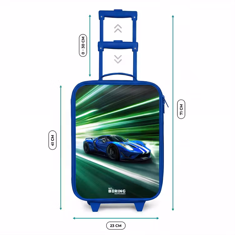 Kinderkoffer - Blauw - Blauwe raceauto met strepen in groene tunnel — 6
