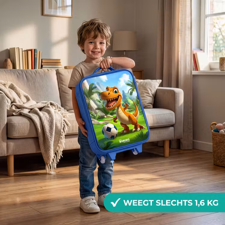 Kinderkoffer - Blauw - Dino met een voetbal in groen landschap — 2
