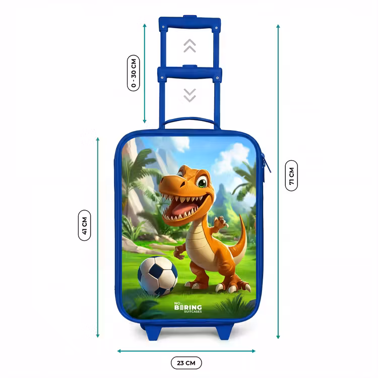 Kinderkoffer - Blauw - Dino met een voetbal in groen landschap — 6