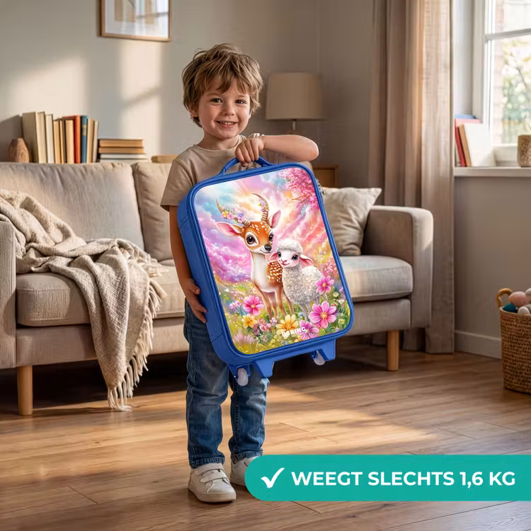 Kinderkoffer - Blauw - Hertje met een lammetje in pastelbloemenveld — 2