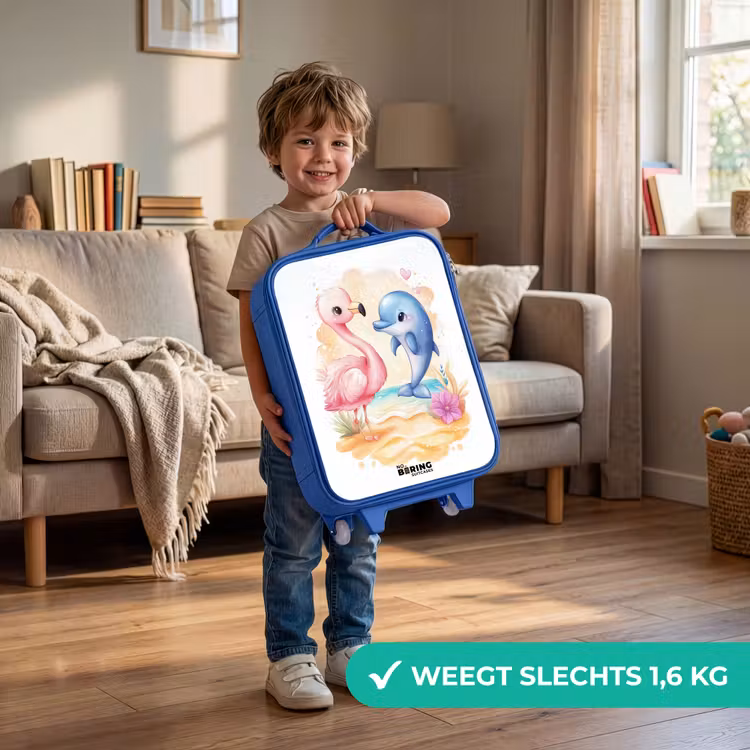 Kinderkoffer - Blauw - Roze flamingo en blauwe dolfijn op een strand — 2