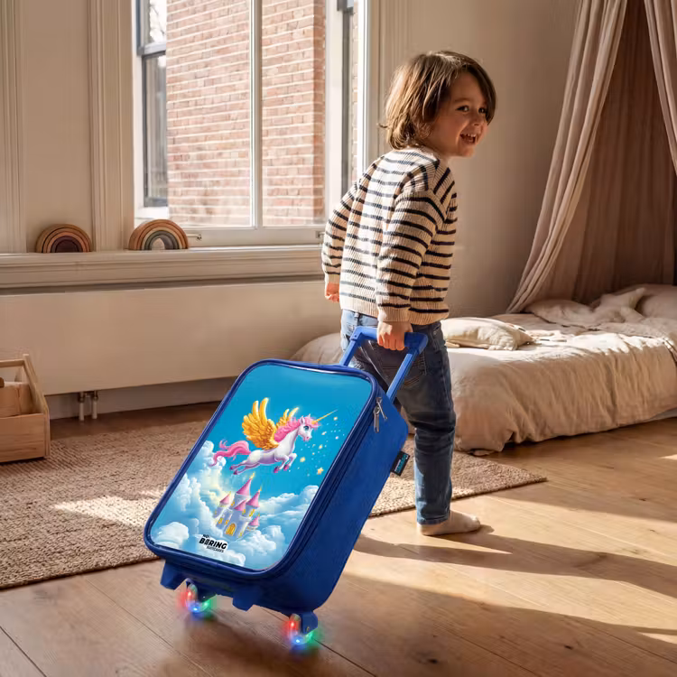 Kinderkoffer - Blauw - Vliegende eenhoorn met gouden vleugels boven kasteel — 3