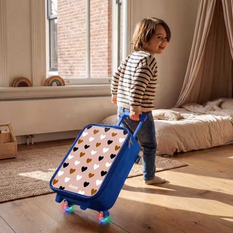 Kinderkoffer - Blauw - Zwart, wit en bruin hartjespatroon op oudroze achtergrond — 3