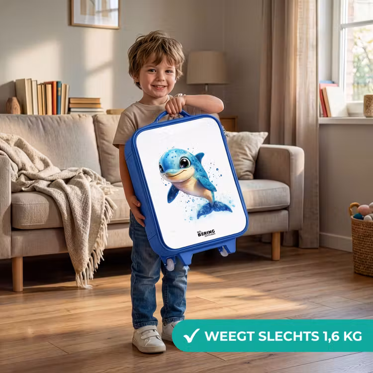Kinderkoffer - Blauw - Blije dolfijn met waterdruppels op wit — 2