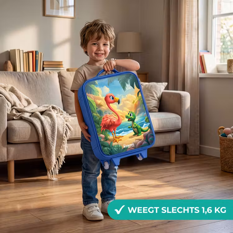 Kinderkoffer - Blauw - Flamingo en dinosaurus op strand bij ondergaande zon — 2