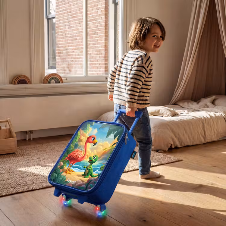 Kinderkoffer - Blauw - Flamingo en dinosaurus op strand bij ondergaande zon — 3