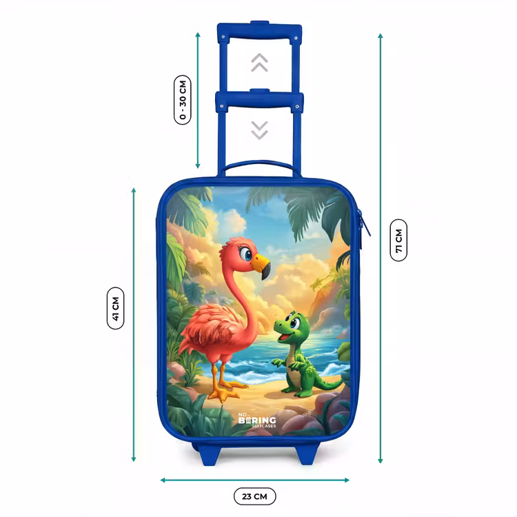 Kinderkoffer - Blauw - Flamingo en dinosaurus op strand bij ondergaande zon — 6