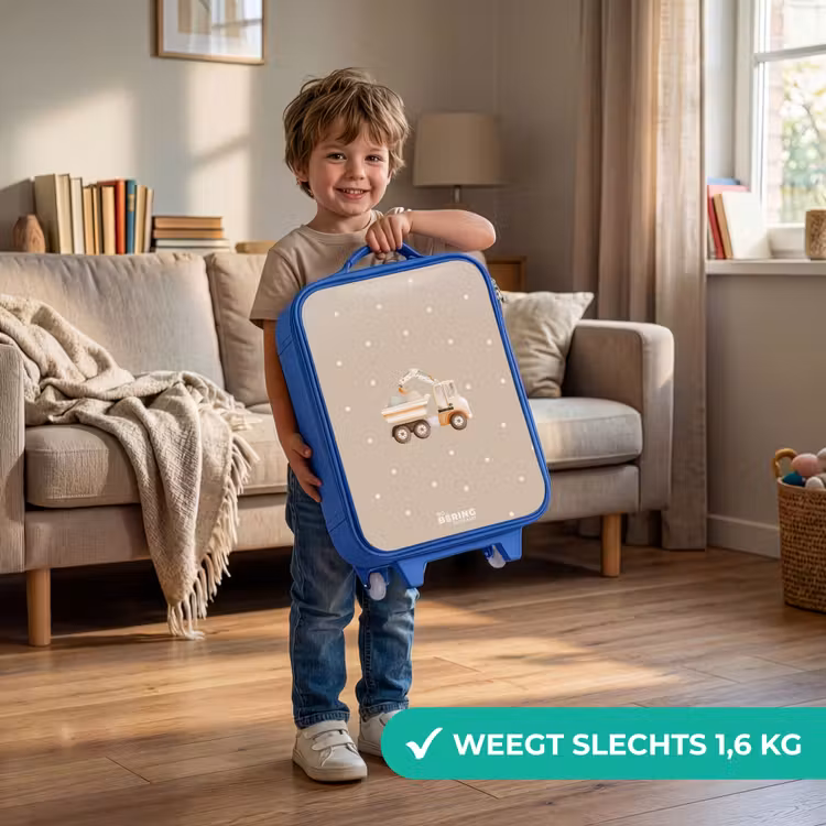 Kinderkoffer - Blauw - Gele kiepwagen met stenen en stippenpatroon — 2