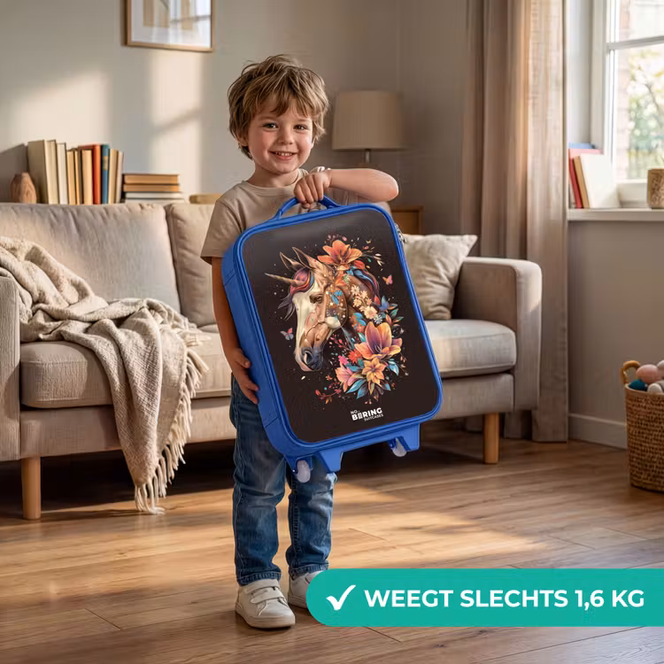 Kinderkoffer - Blauw - Eenhoorn en Bloemen op Zwarte Achtergrond — 2