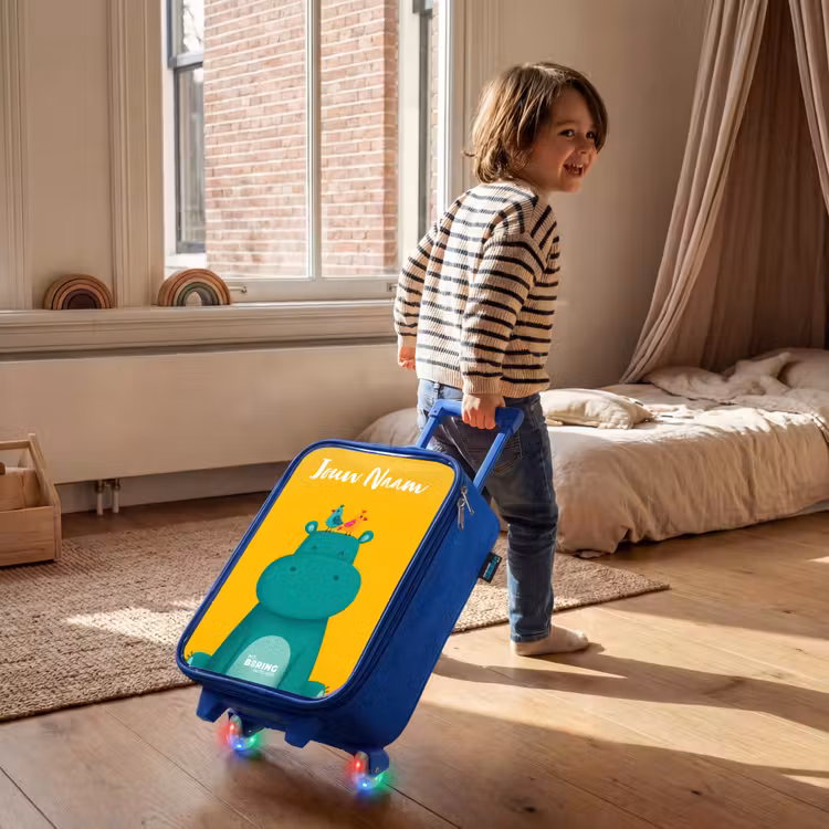 Kinderkoffer met naam - Blauw - Nijlpaard - Vogels - Geel — 3
