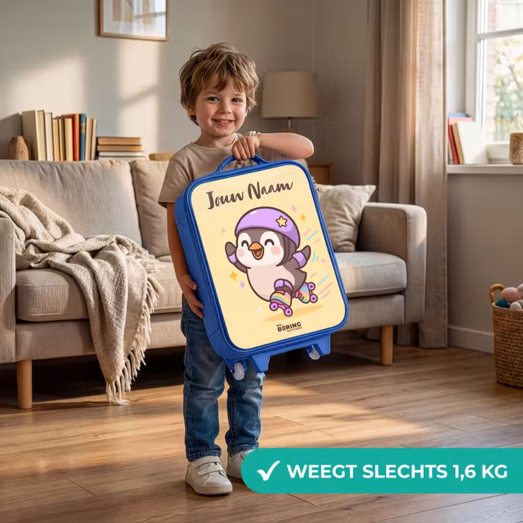 Kinderkoffer met naam - Blauw - Kawai - Pinguin - Rolschaatsen — 2
