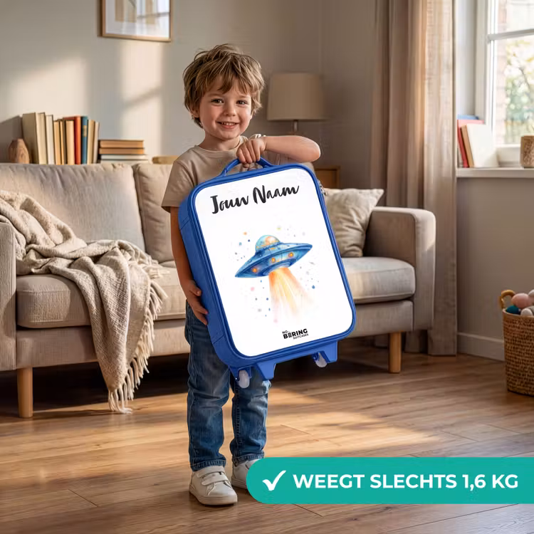 Kinderkoffer met naam - Blauw - Blauw ruimteschip met lichtstraal — 2