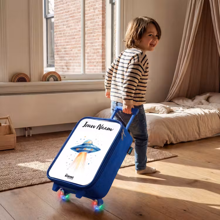 Kinderkoffer met naam - Blauw - Blauw ruimteschip met lichtstraal — 3